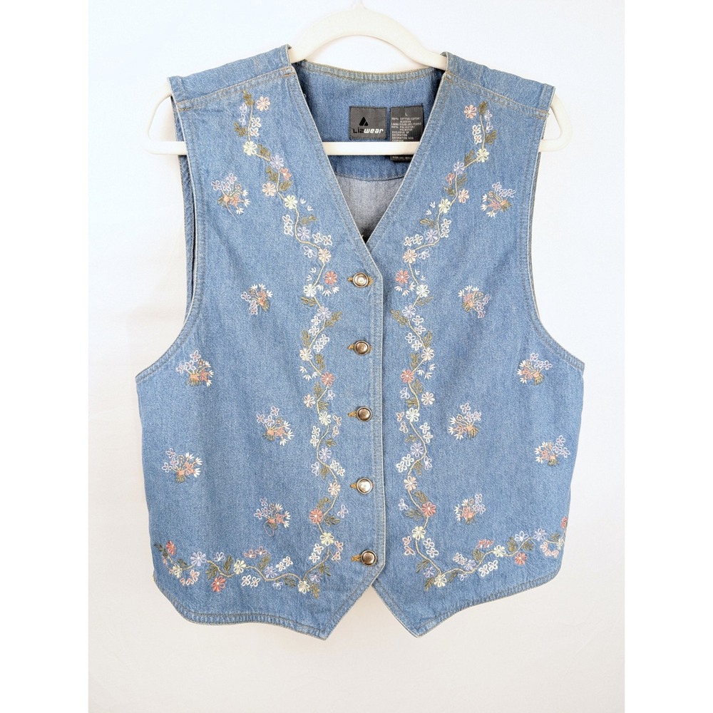 Vintage 90s Floral Embroidered Denim Button Vest Size L Blue Cottagecore Western
